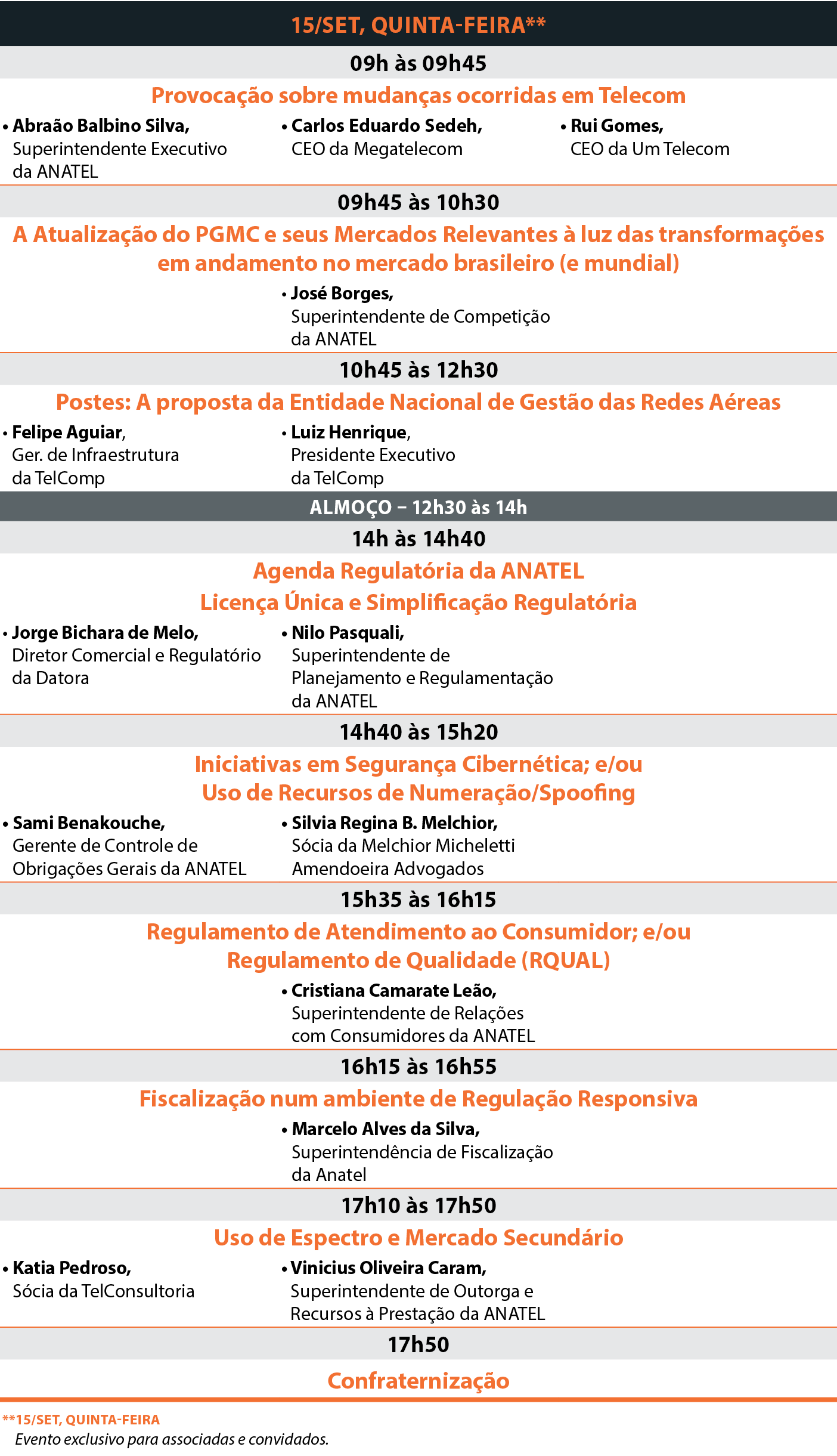 ,15/Set, quinta-feira**,,,09h s 09h45,,Provoca  o sobre mudan as ocorridas em Telecom,• Abra o Balbino Silva, Super...