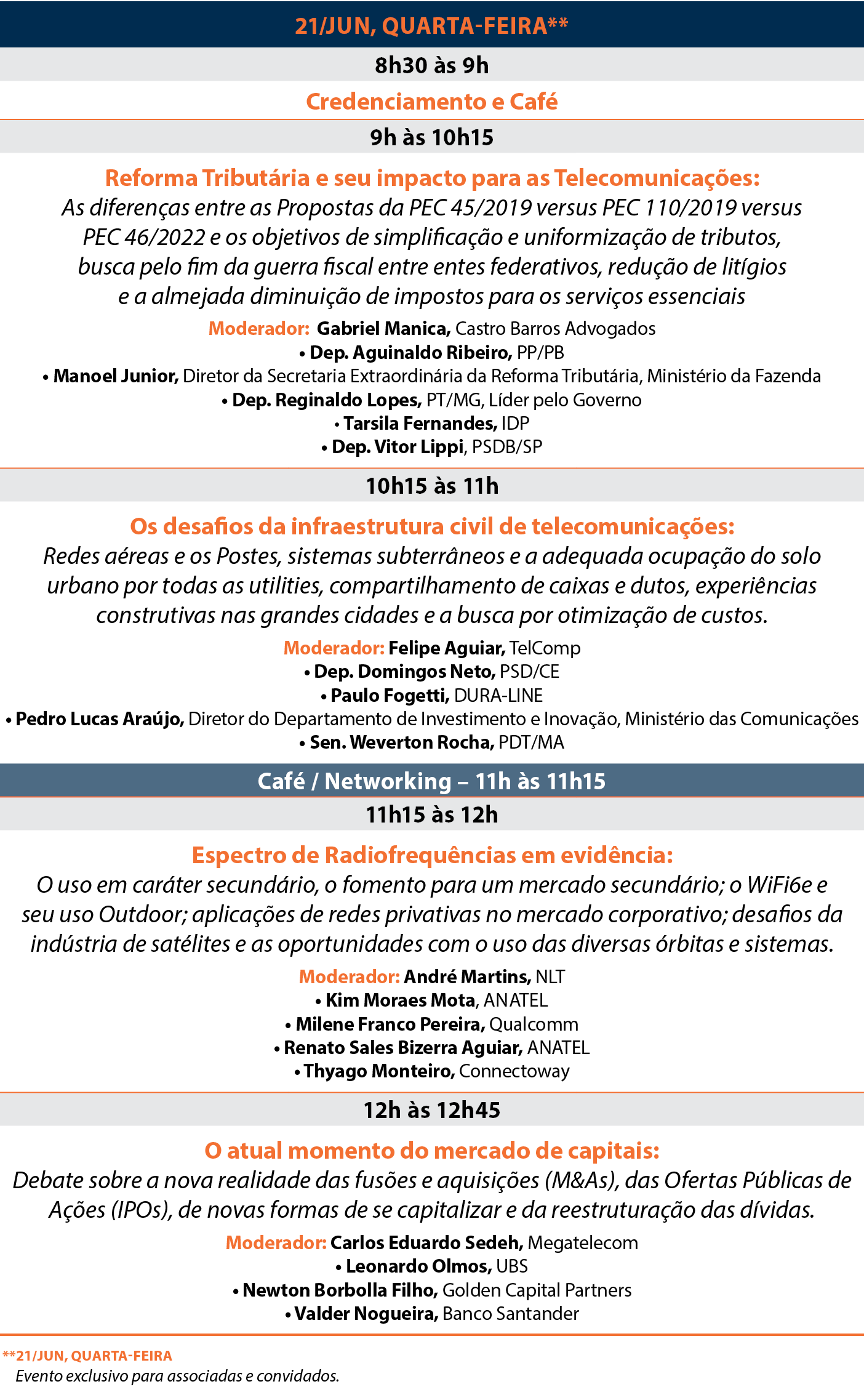 ,21/jun, quarta feira**,,,8h30 s 9h,,,Credenciamento e Caf ,,,9h  s 10h15,,Reforma Tribut ria e seu impacto para as ...